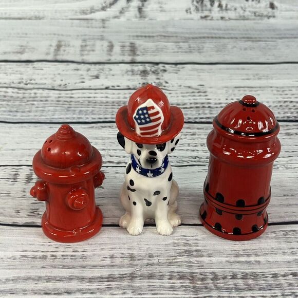 Dalmatian Dog Fire Hydrant Fireman Magnetic Salt & Pepper Shakers 3pc Set - Picture 3 of 10